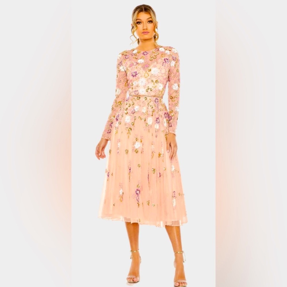 MAC DUGGAL 5716
Pink Sequined Floral Long Sleeve High Neck Midi Dress Sz 14